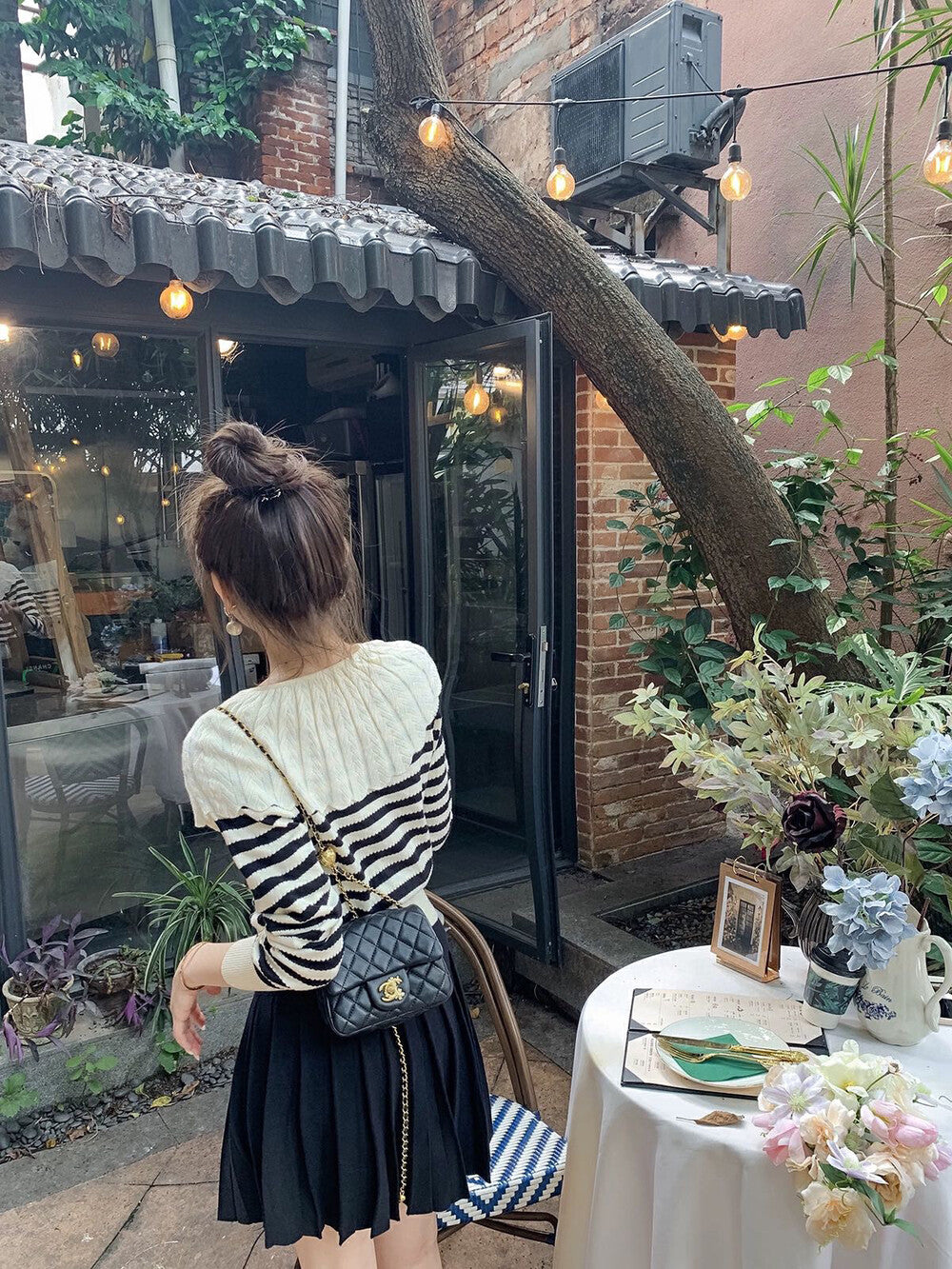 Flounce Collar Striped Knit Top