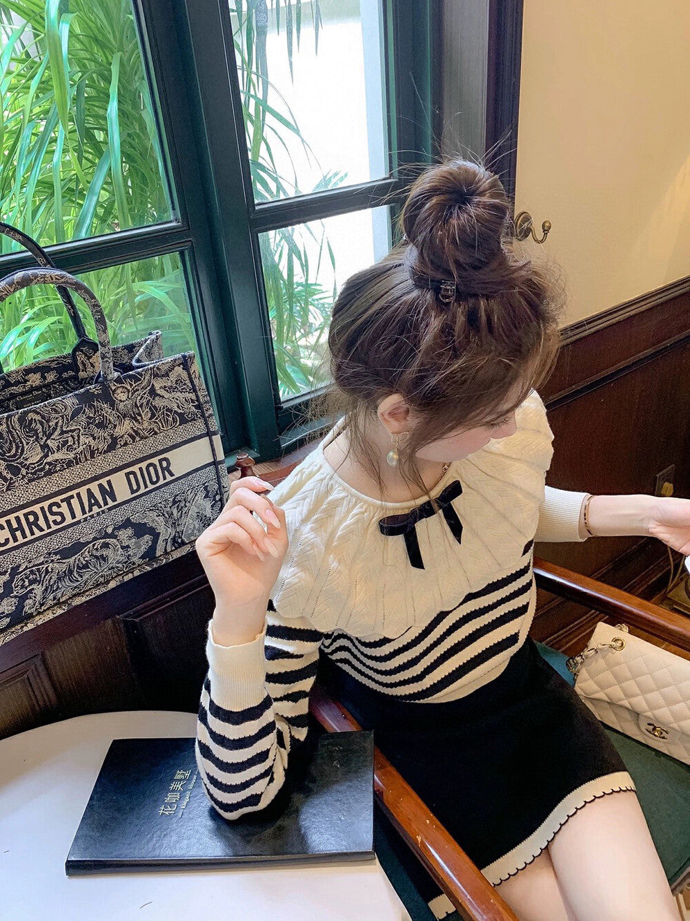 Flounce Collar Striped Knit Top
