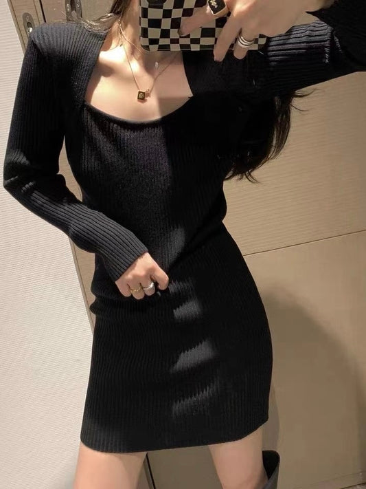 Square Neck Ribbed Knit Dress