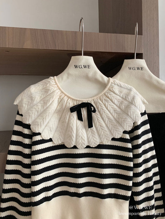 Flounce Collar Striped Knit Top