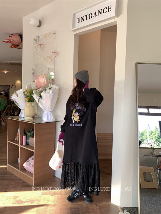 Lace Spliced Sweatshirt Dress