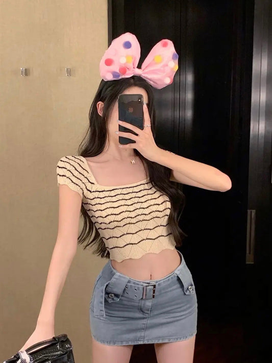 Pointelle Striped Knit Cropped Top