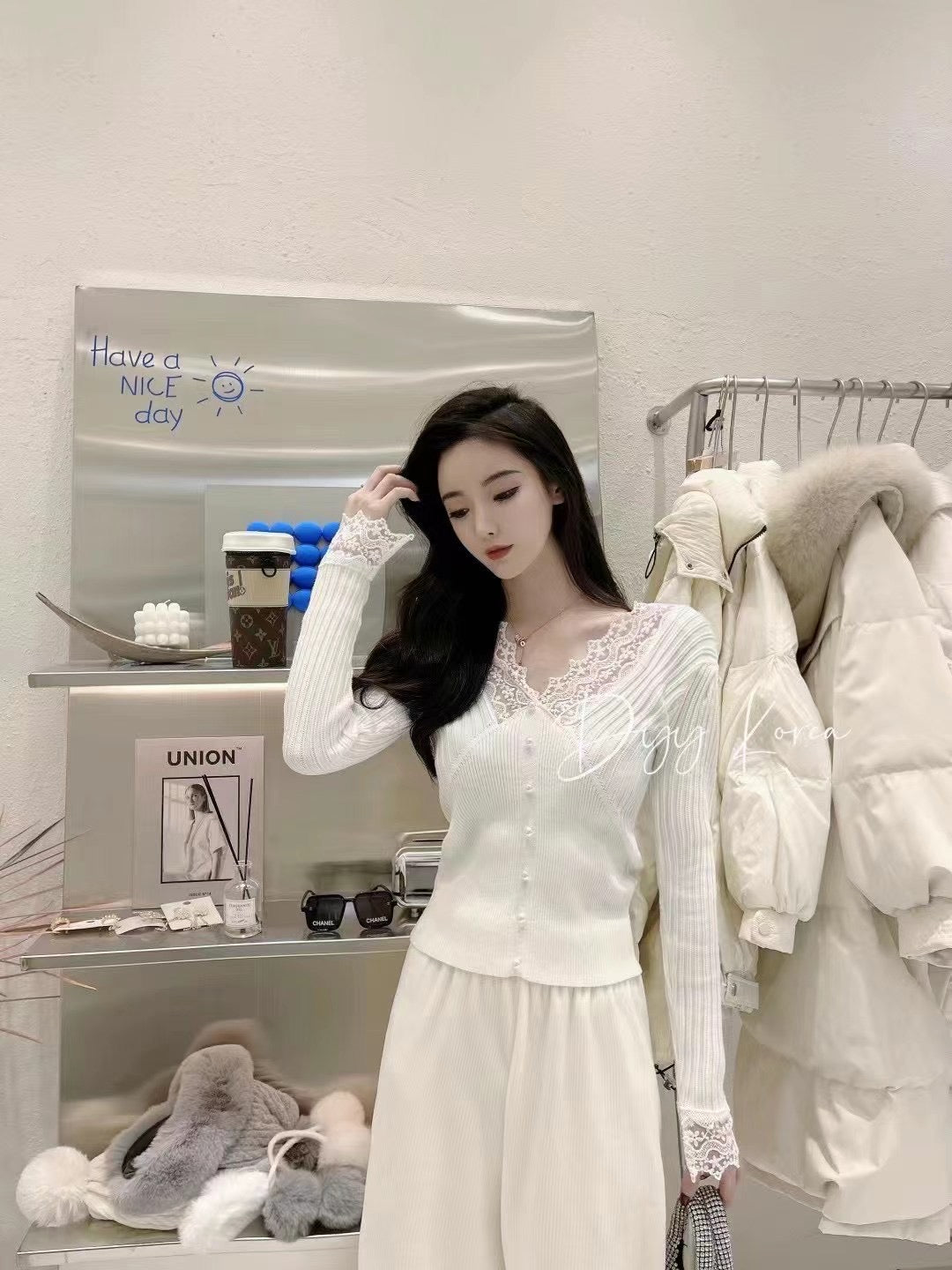 Lace Pearl Button Knit top