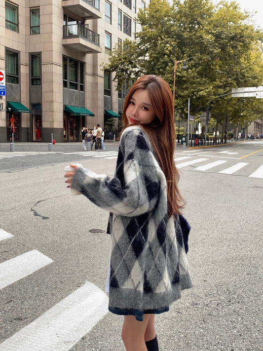 Diamonds Pattern Faux Mink Cardigan