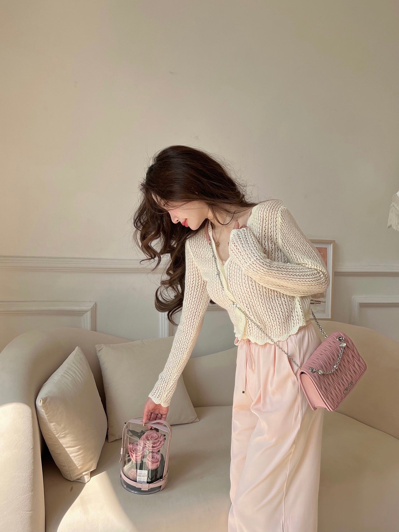 Cream Pointelle Knit Cardigan