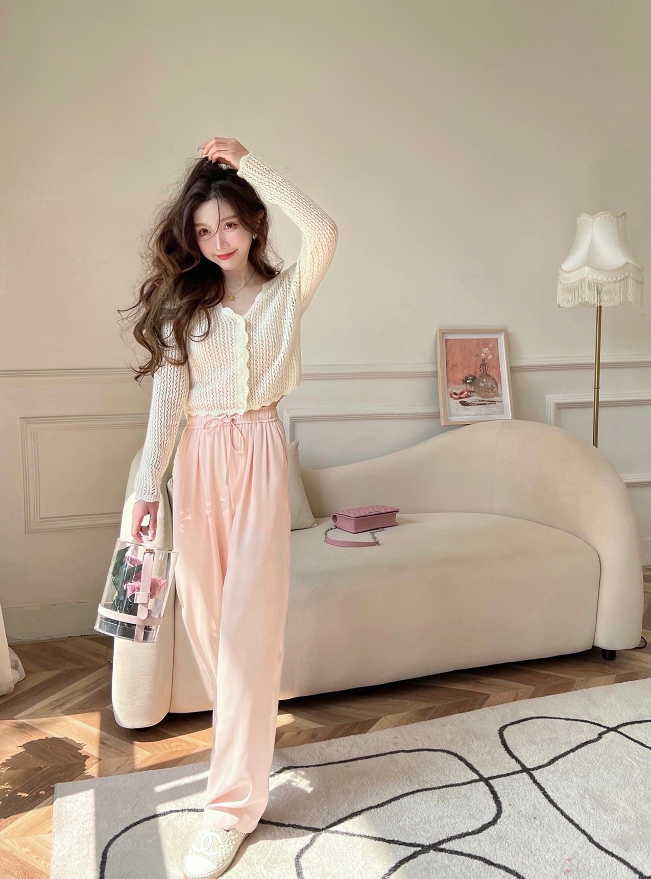 Cream Pointelle Knit Cardigan