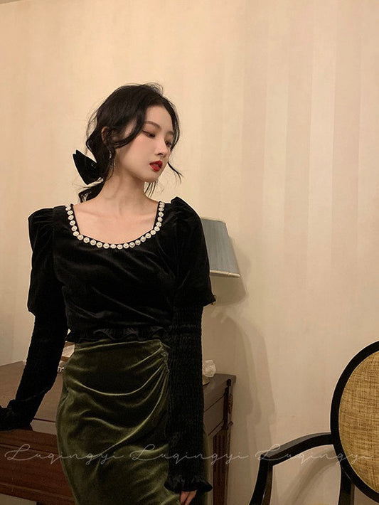 Velvet Top with Smocking Sleeved Set