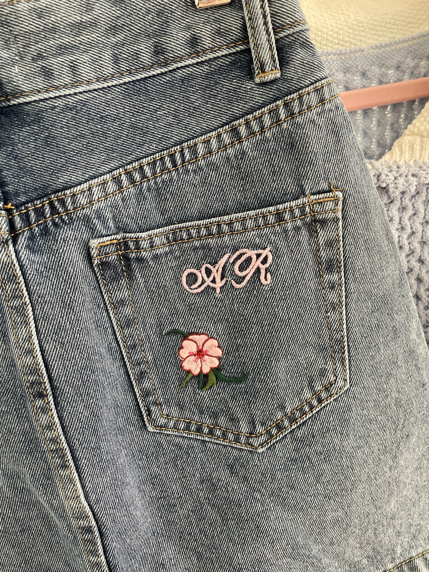 Embroidery Floral Split Denim Skirt