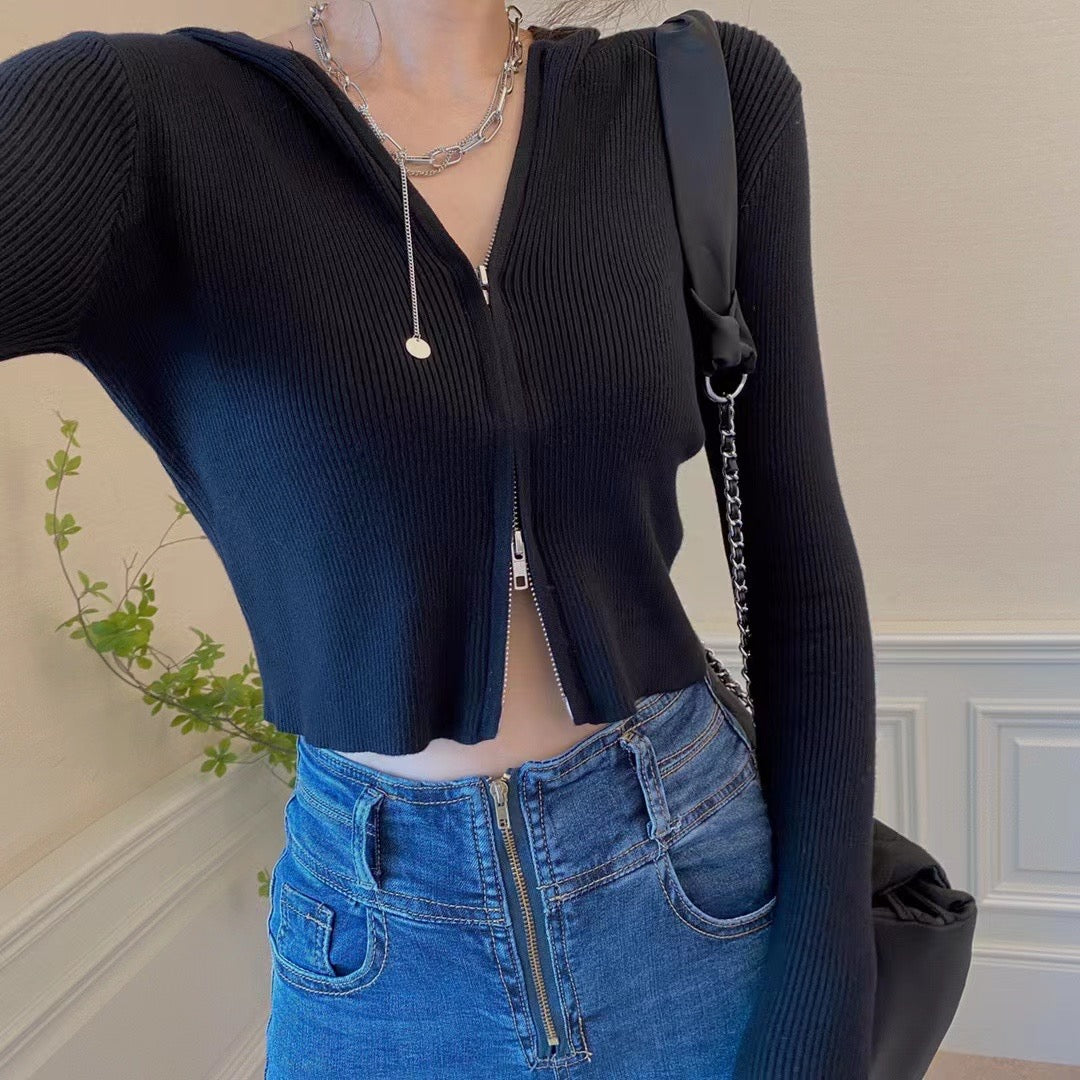 Ribbed Hooded Knit Short Cardigan