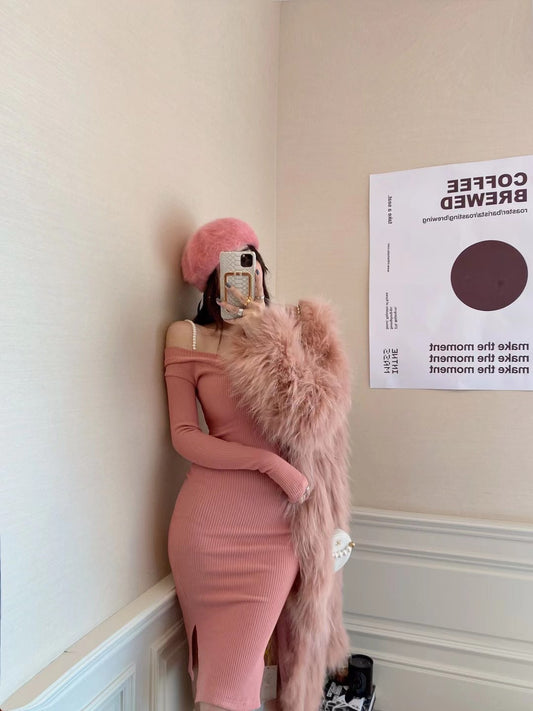 Off Shoulder Ribbed Midi Dress