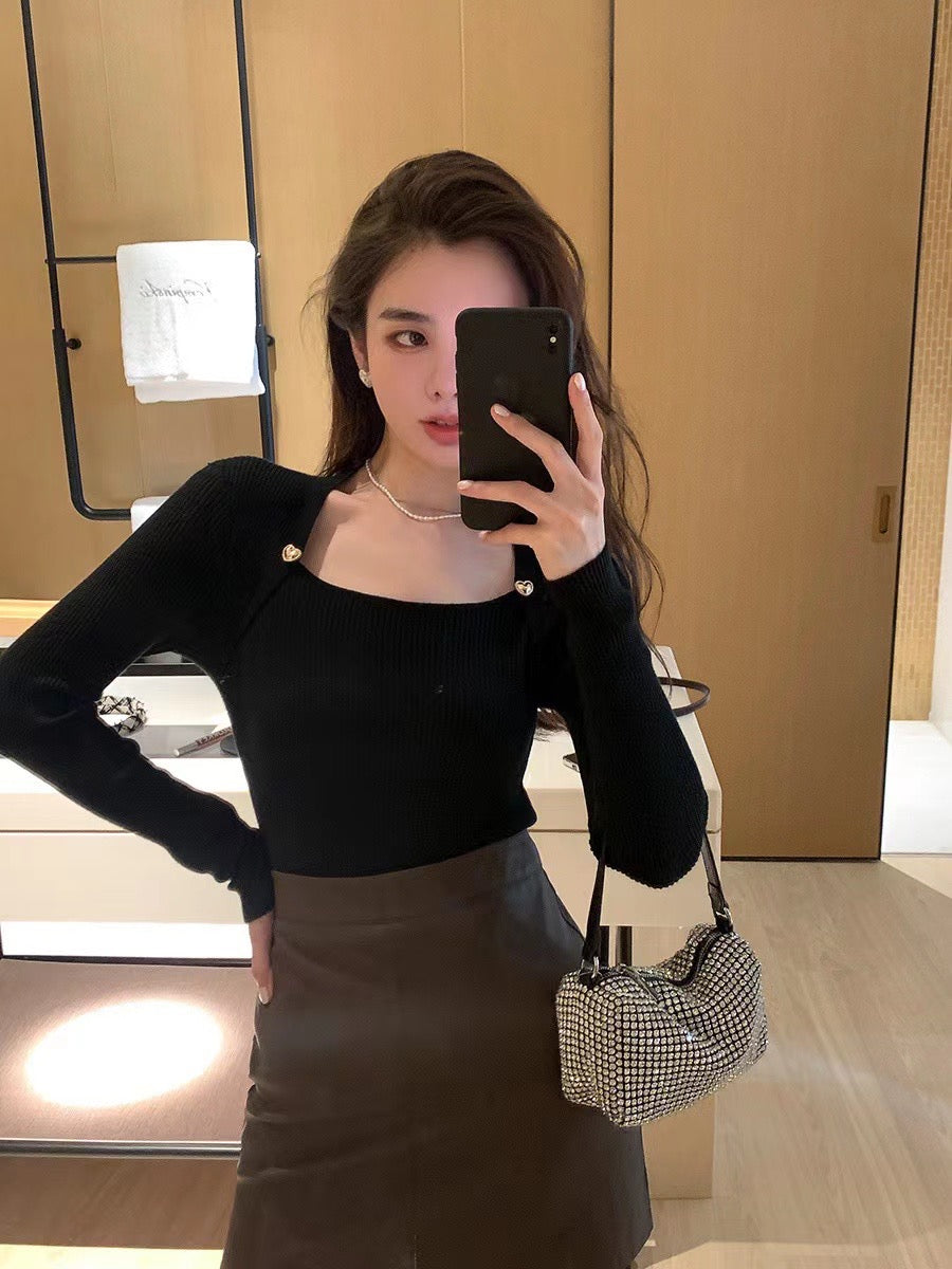 Heart Button Ribbed Knit Top