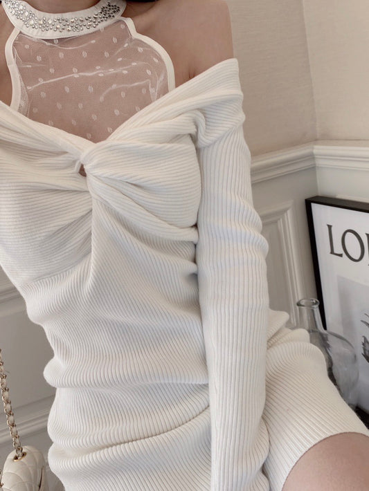 Lace Halter Neck Knit Dress