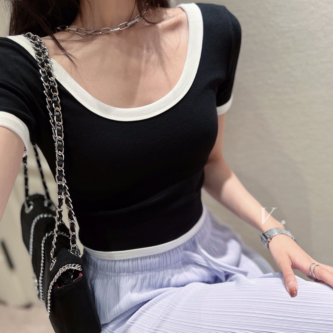 Contrast Trim Cropped Knit T-shirt