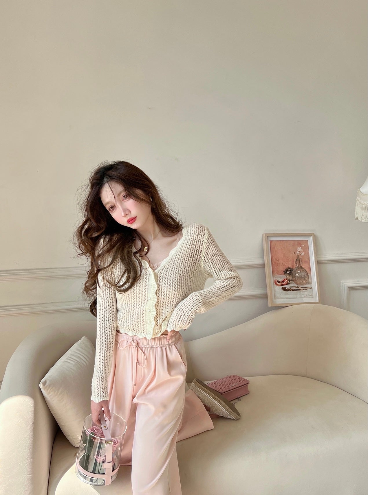 Cream Pointelle Knit Cardigan