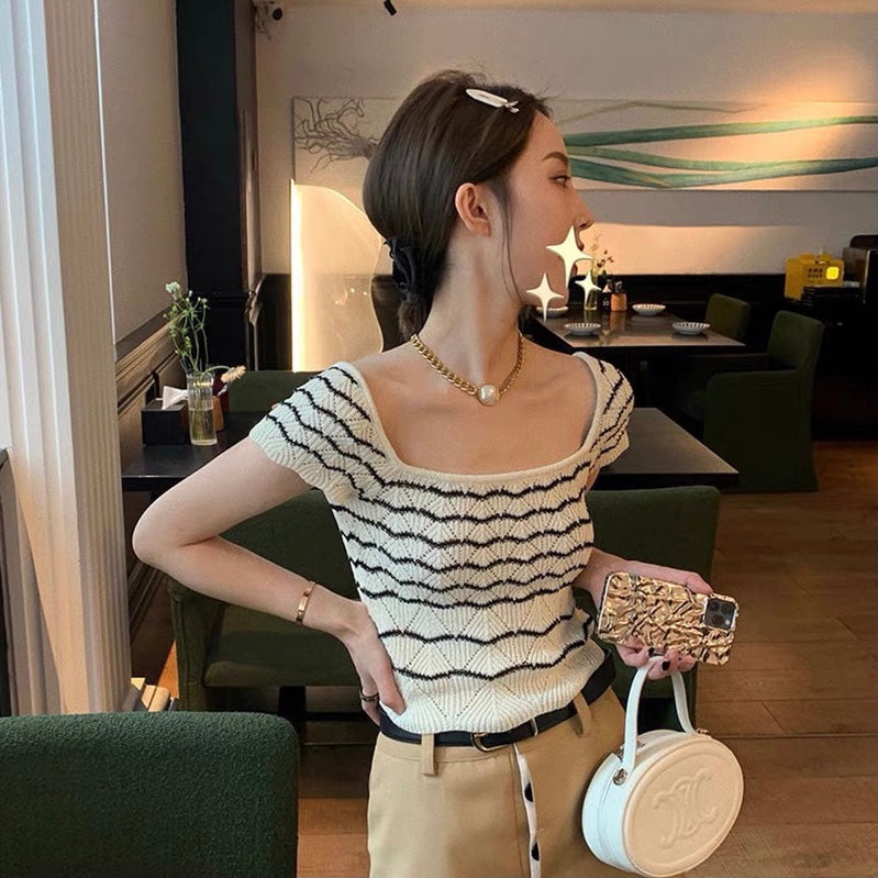 Pointelle Striped Knit Cropped Top