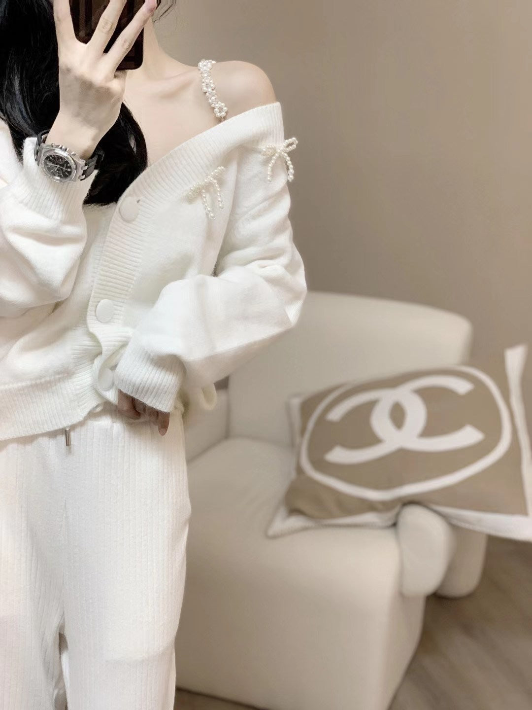Faux Pearl Chain Ribbon Cardigan