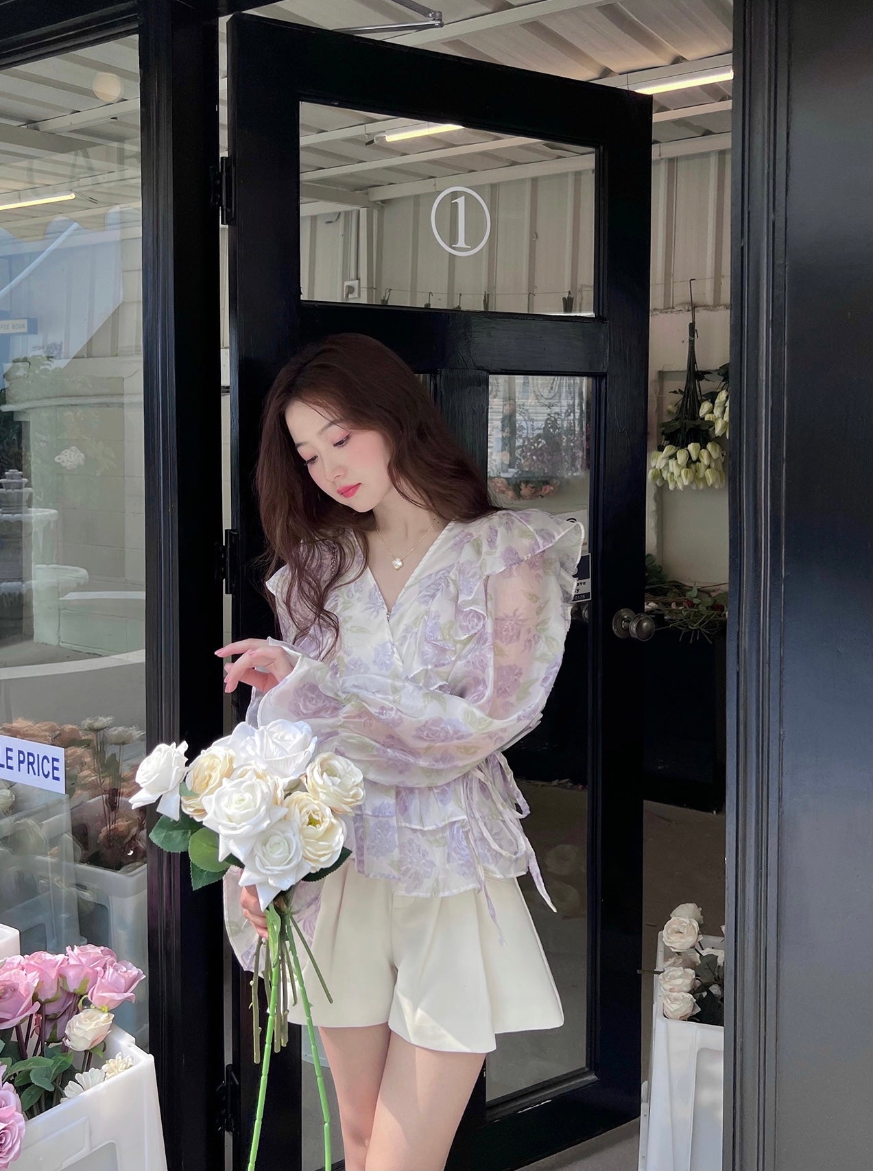 Floral Lantern Sleeves Chiffon Top