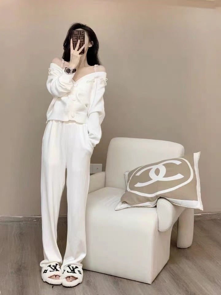 Faux Pearl Chain Ribbon Cardigan