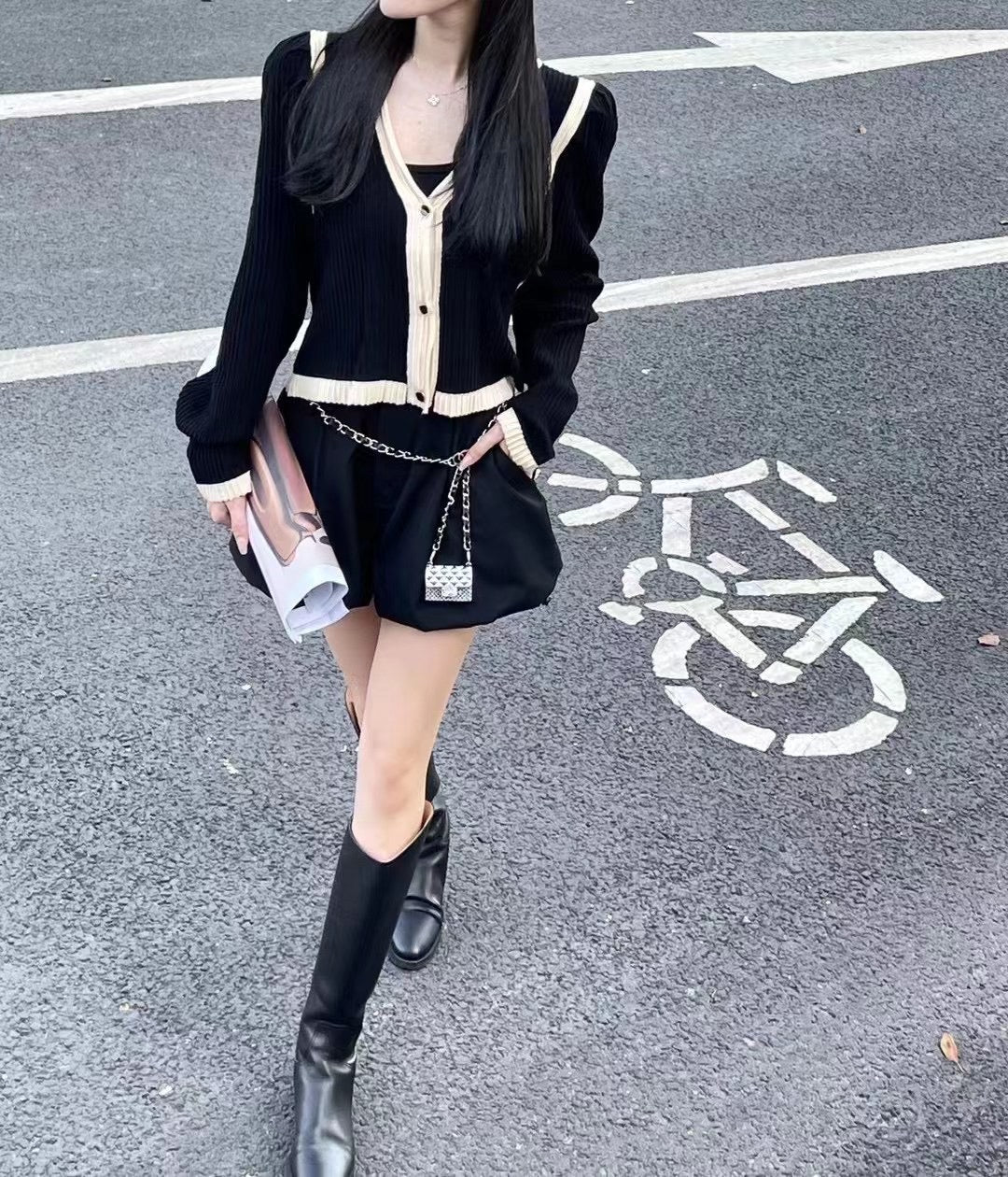 Chanel Style Ribbed Knit Cardigan