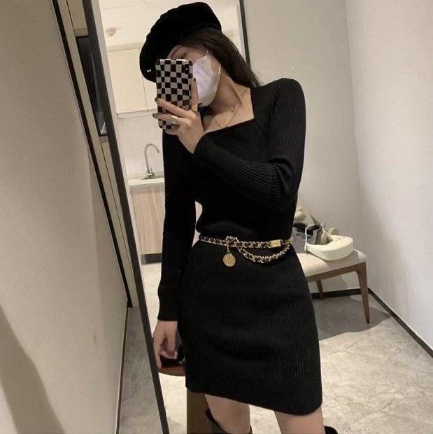 Square Neck Ribbed Knit Dress