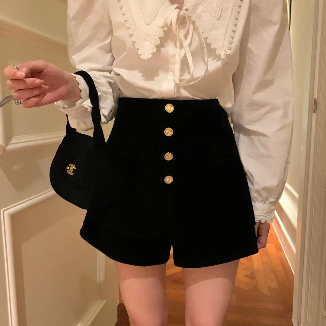 Gold Button Velvet Shorts