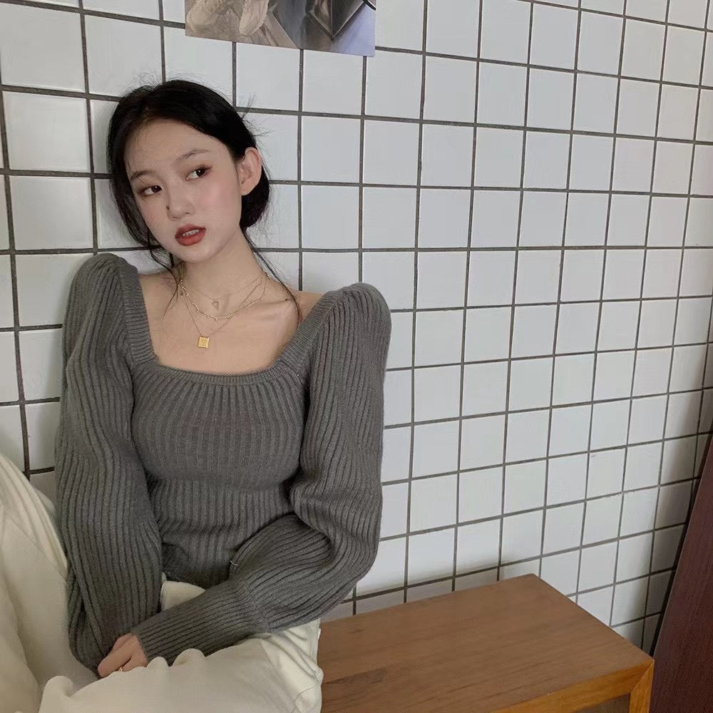 Lantern Sleeves Ribbed Knit Top