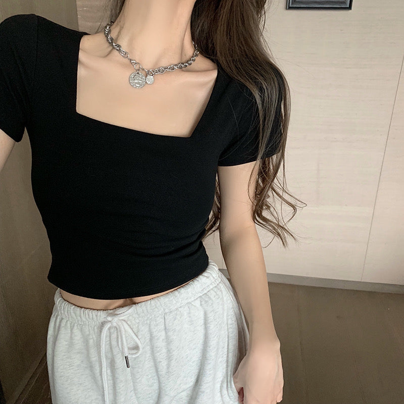 Square Neck Cropped Cotton Tee
