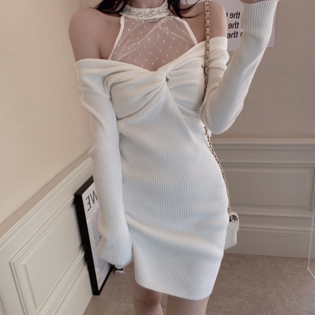 Lace Halter Neck Knit Dress