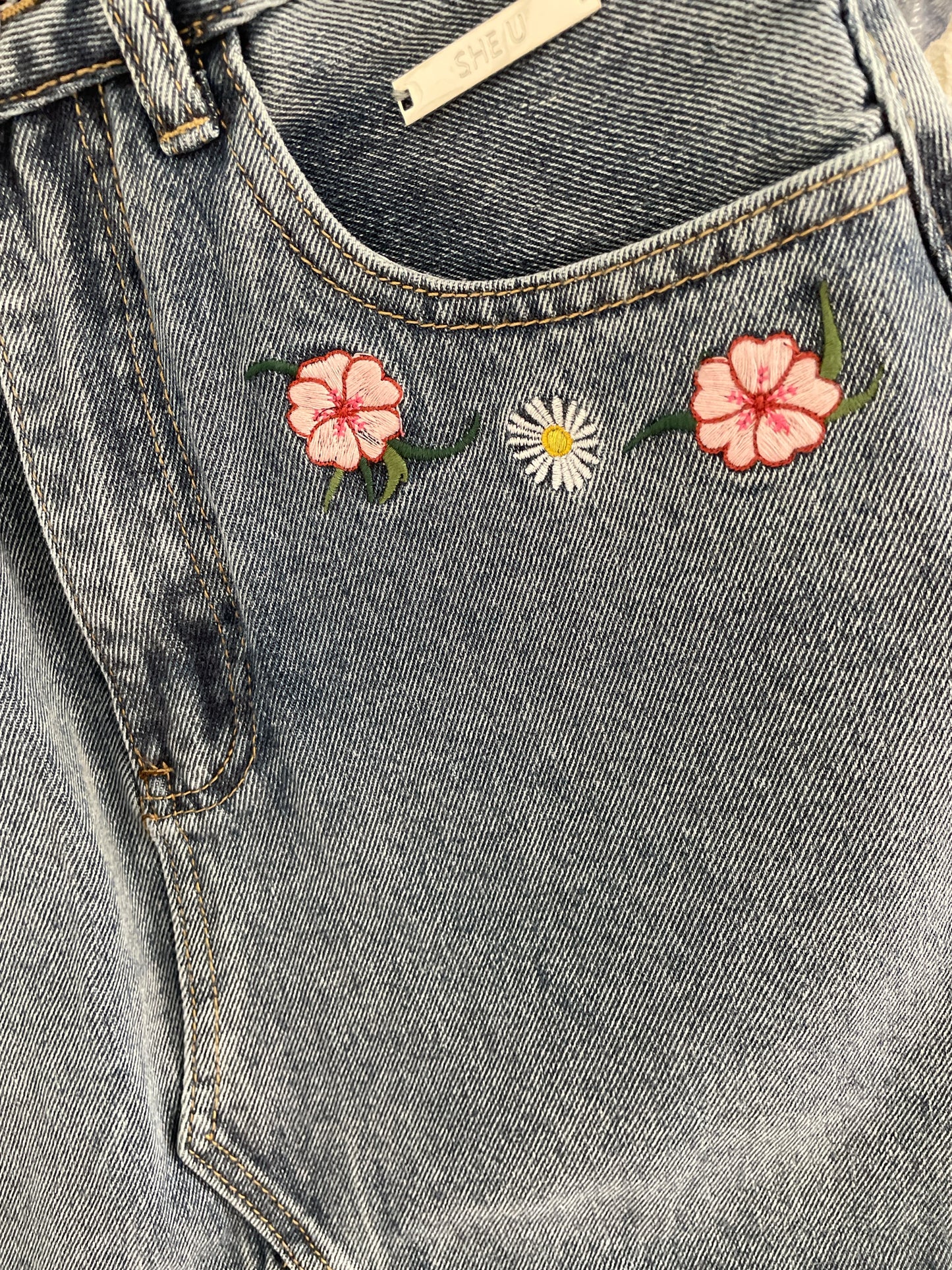 Embroidery Floral Split Denim Skirt