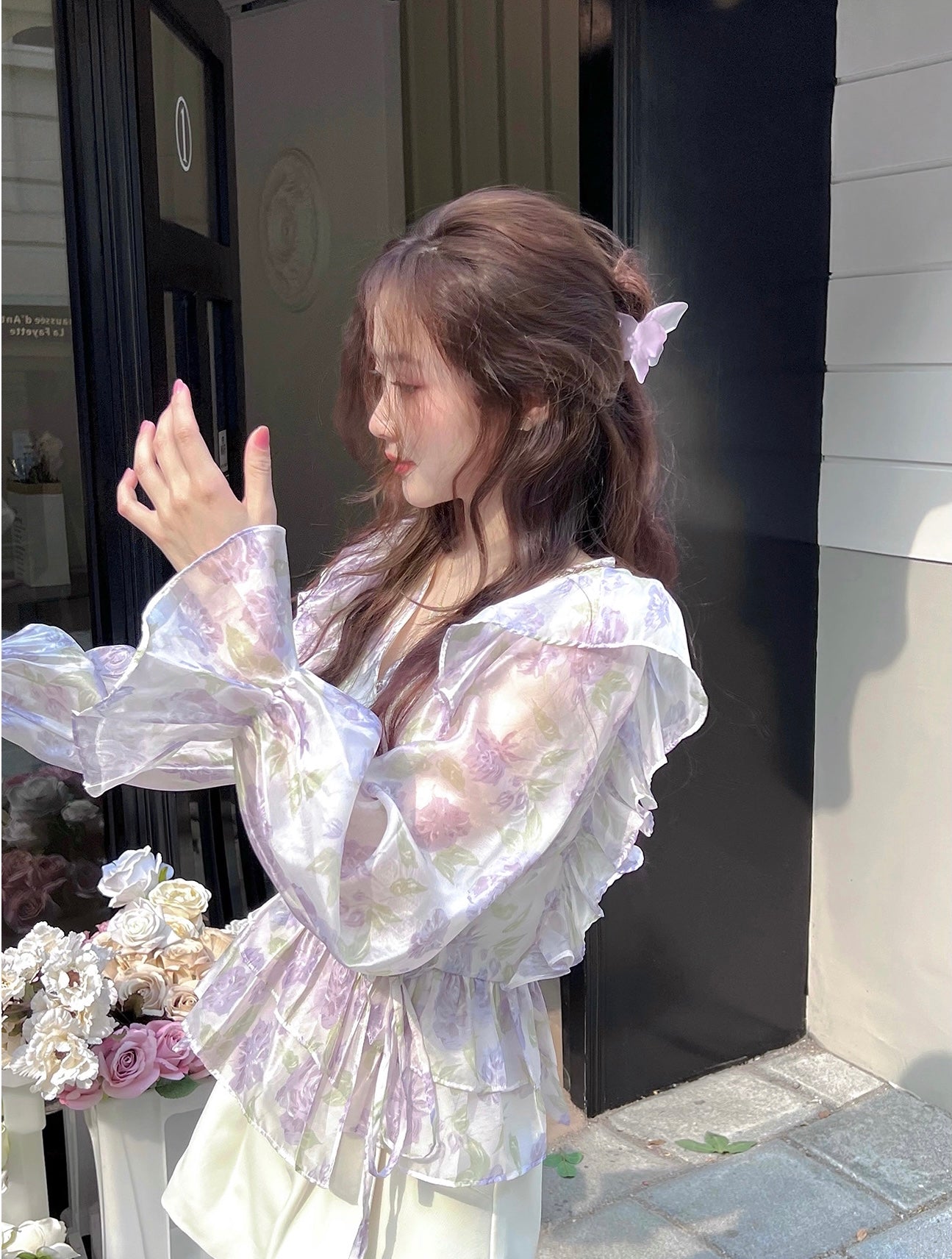 Floral Lantern Sleeves Chiffon Top