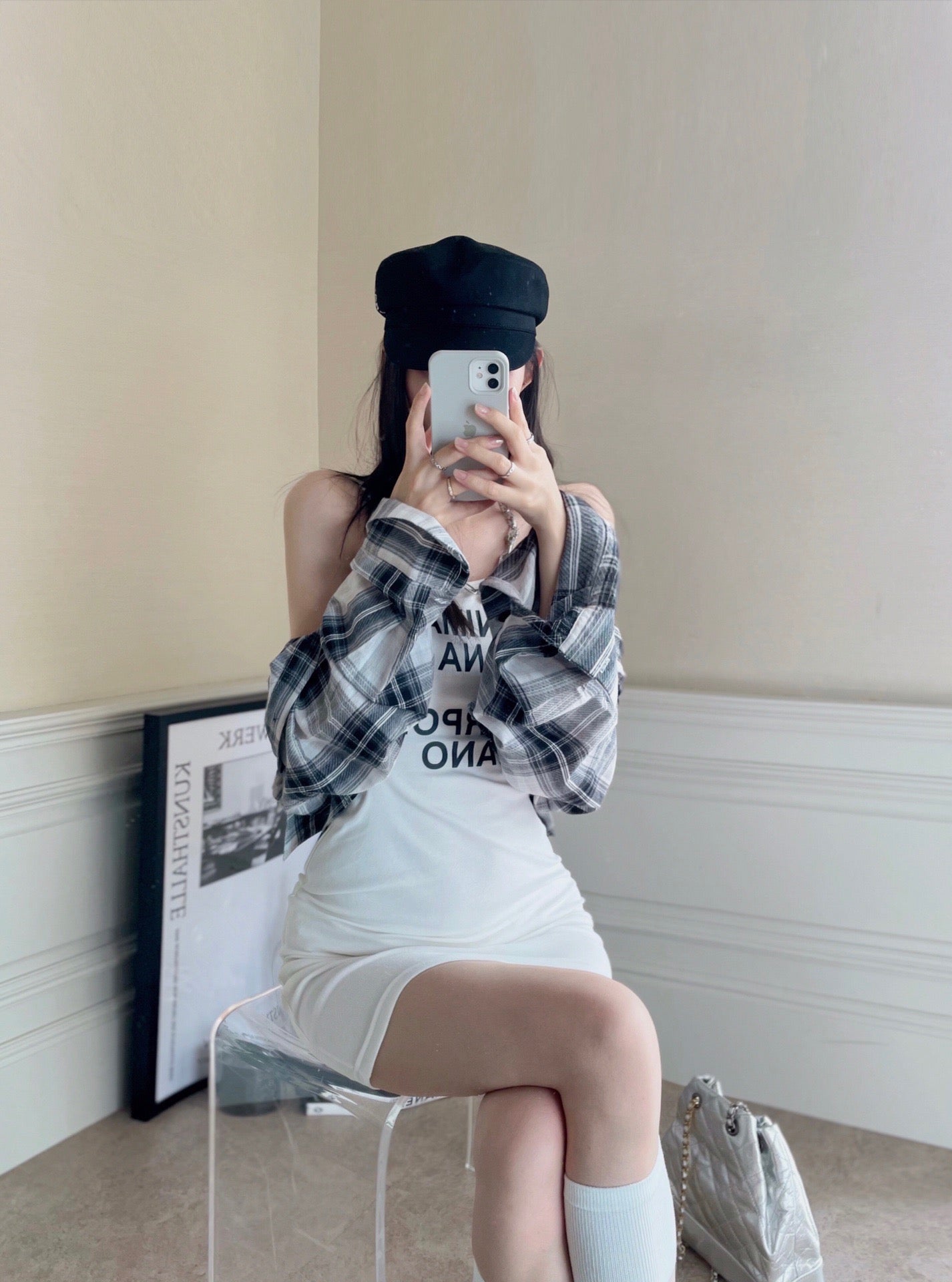 Plaid Shirt Hollow Bodycon Set