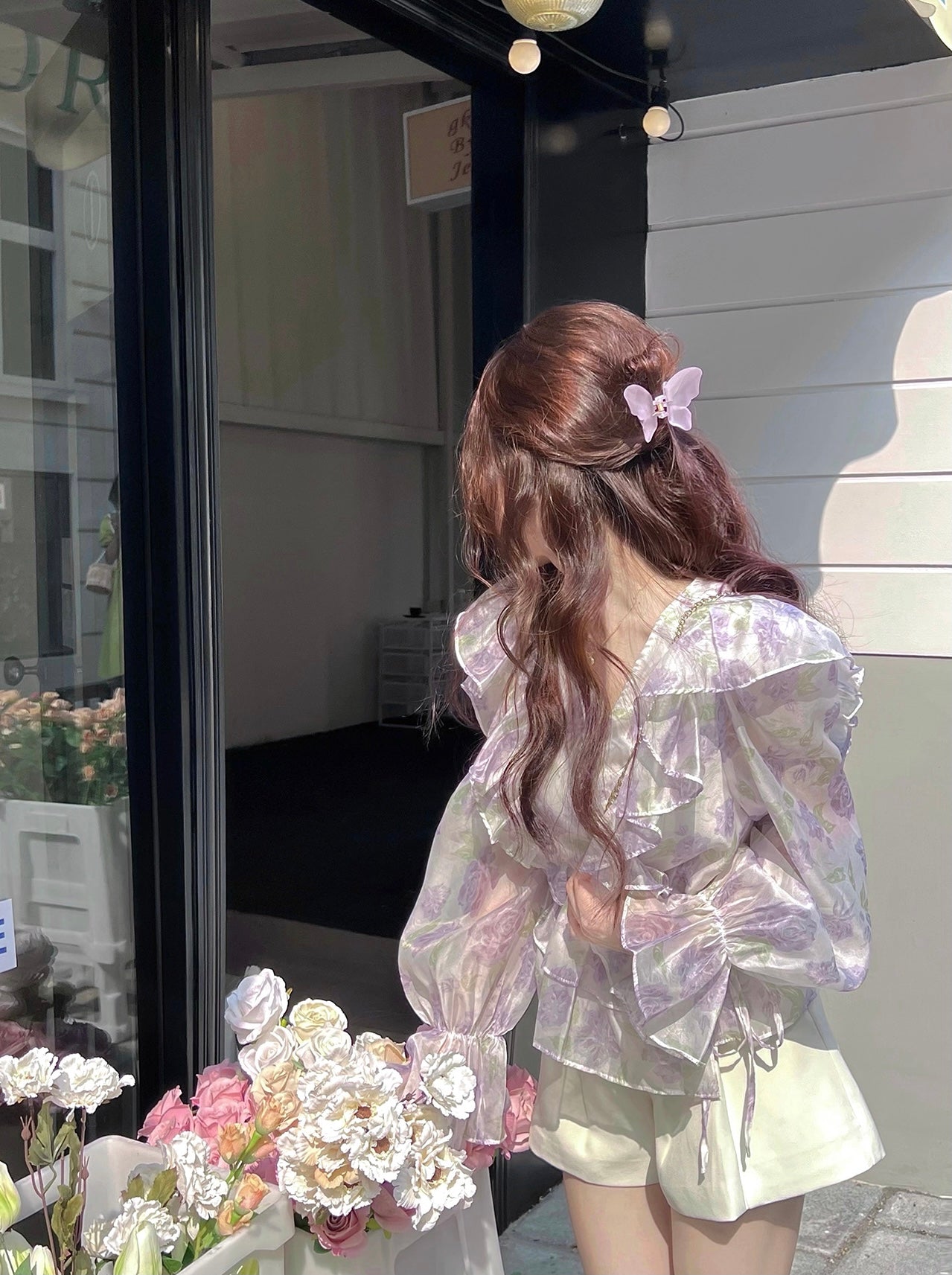 Floral Lantern Sleeves Chiffon Top