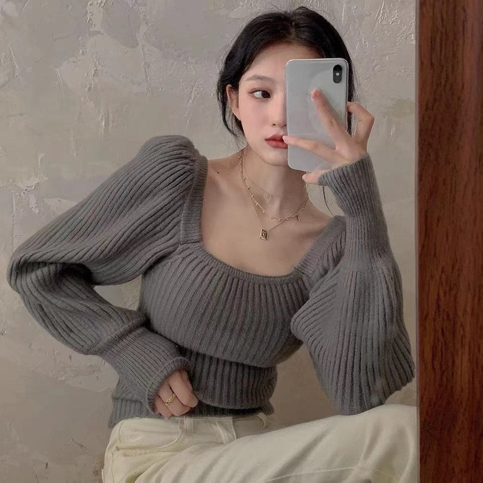 Lantern Sleeves Ribbed Knit Top
