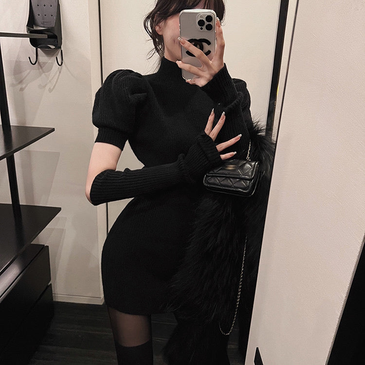 Puff Sleeves Ribbed Knit Dress