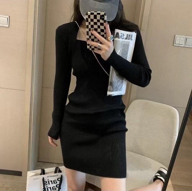Square Neck Ribbed Knit Dress