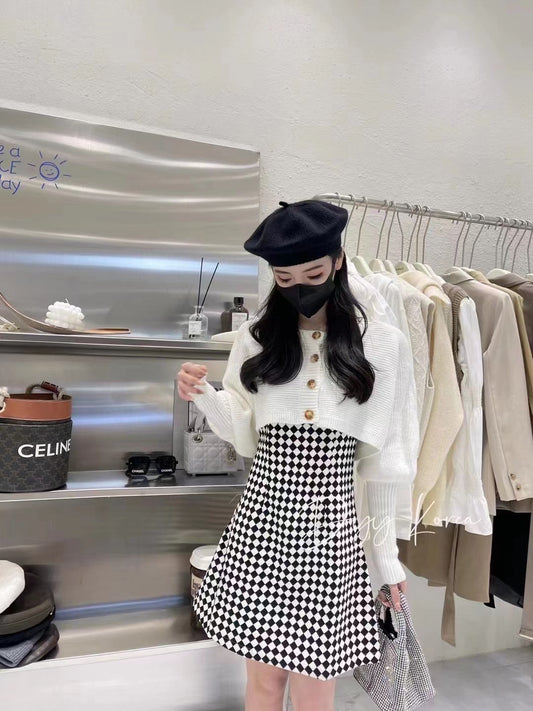 Diamond Dress And Knit Cardigan Set