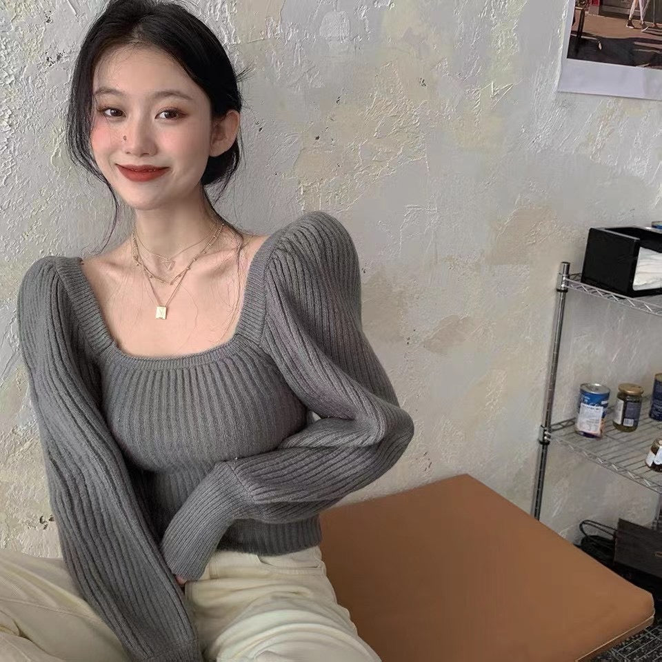 Lantern Sleeves Ribbed Knit Top