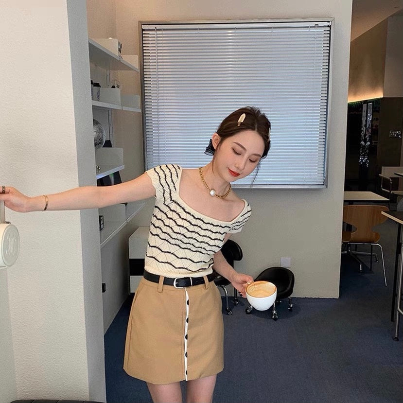 Pointelle Striped Knit Cropped Top
