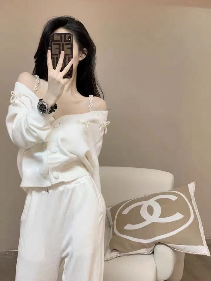 Faux Pearl Chain Ribbon Cardigan
