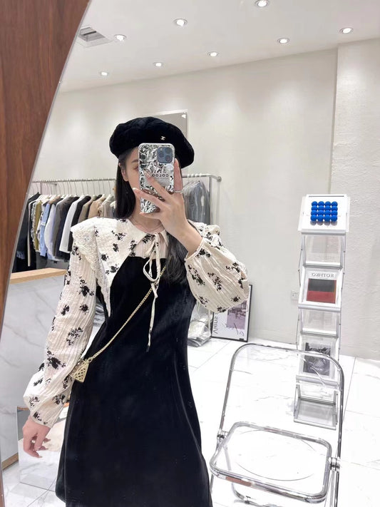 Floral Spliced Velvet Dress