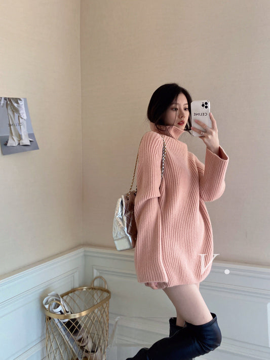 Long Turtleneck Ribbed Sweater