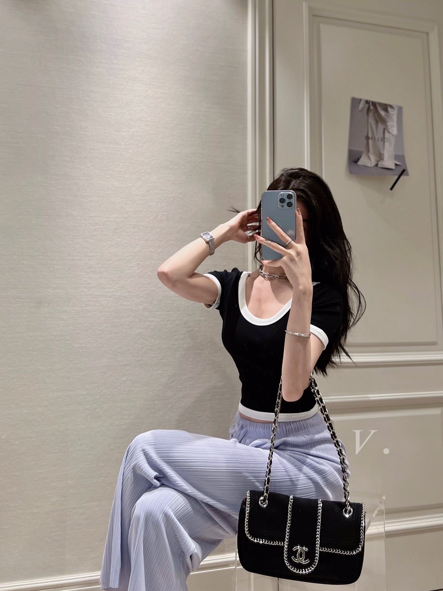 Contrast Trim Cropped Knit T-shirt