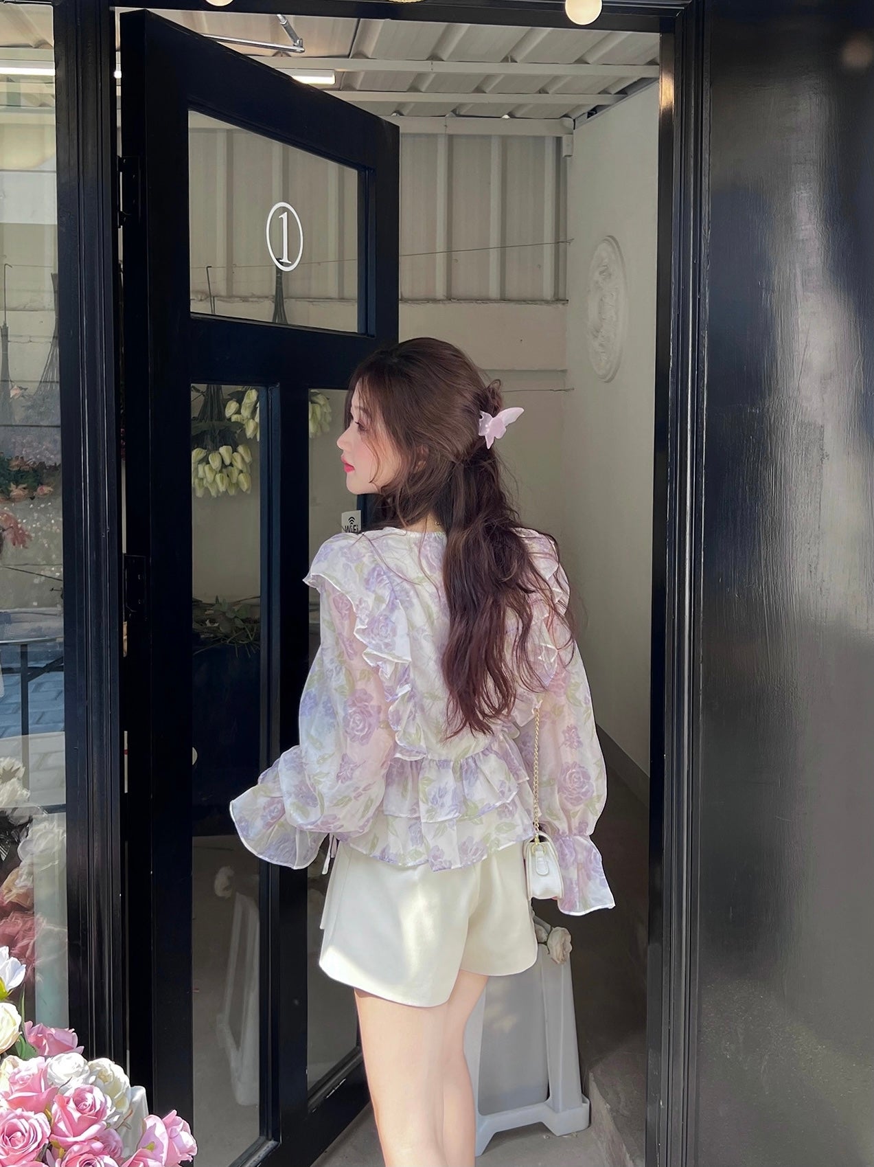 Floral Lantern Sleeves Chiffon Top