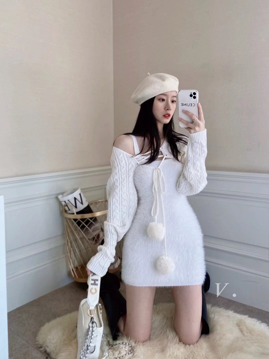 Faux Mink Dress with Knit Arm Warmer