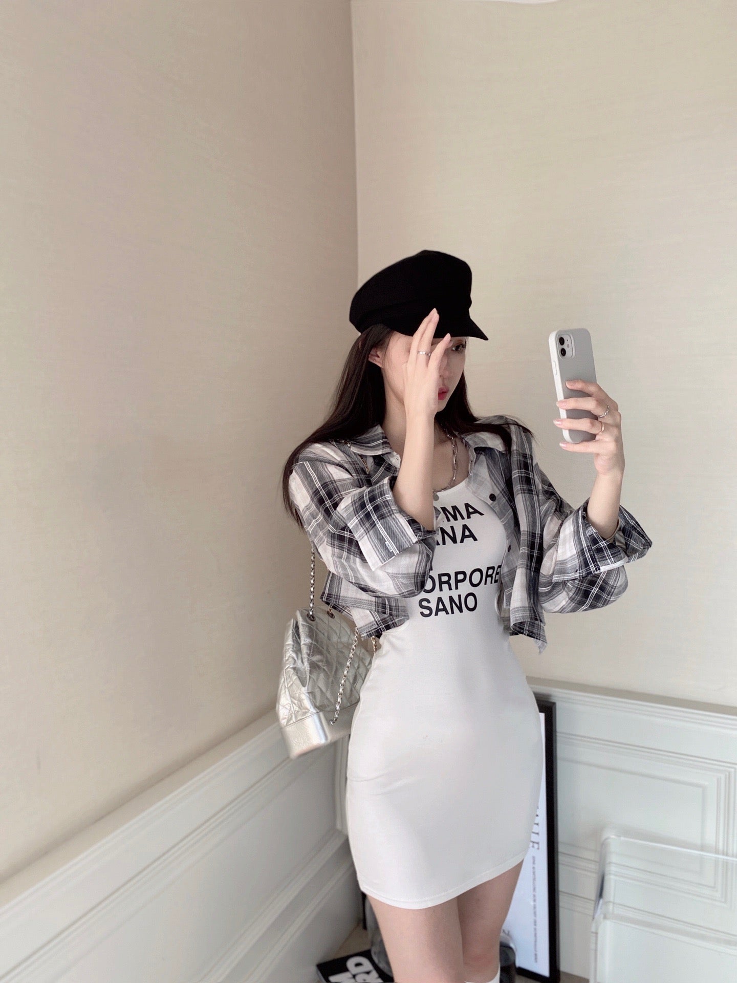 Plaid Shirt Hollow Bodycon Set