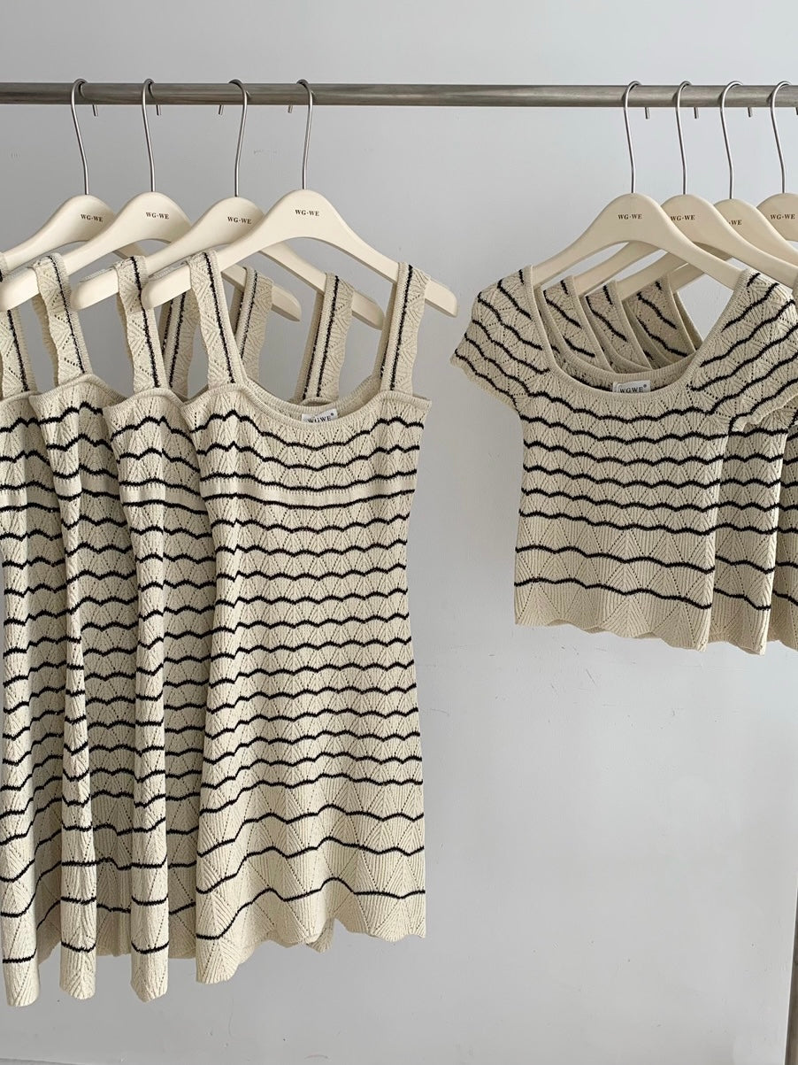 Pointelle Striped Knit Cropped Top