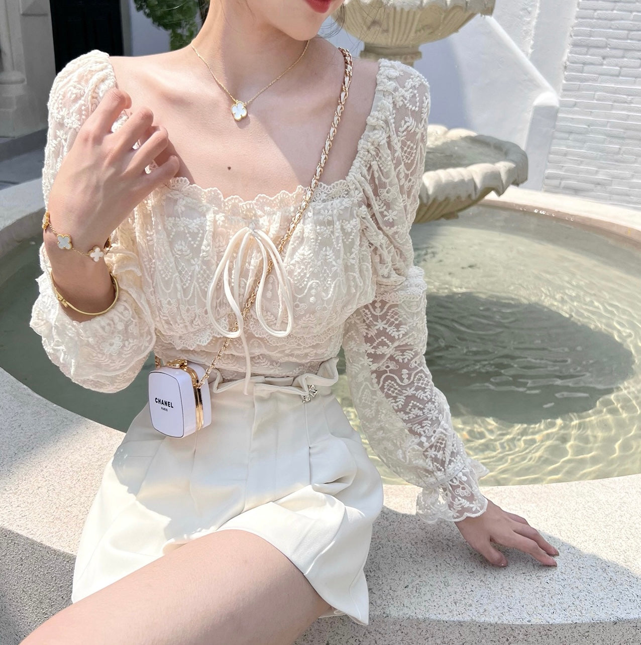 Square Neck Ribbon Lace Top