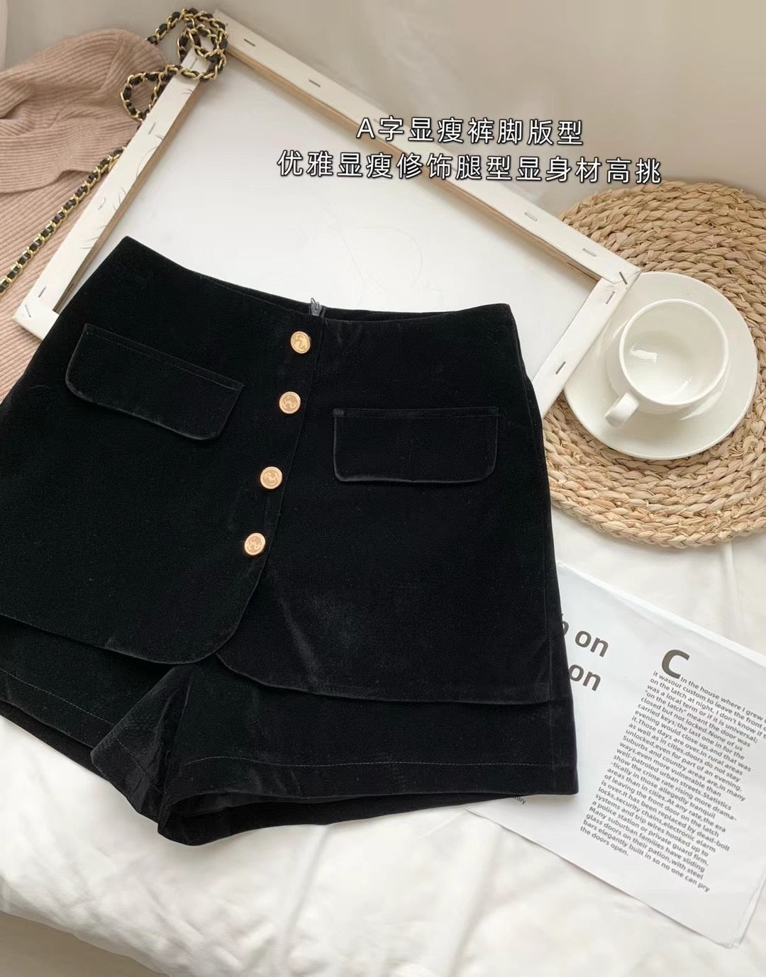 Gold Button Velvet Shorts