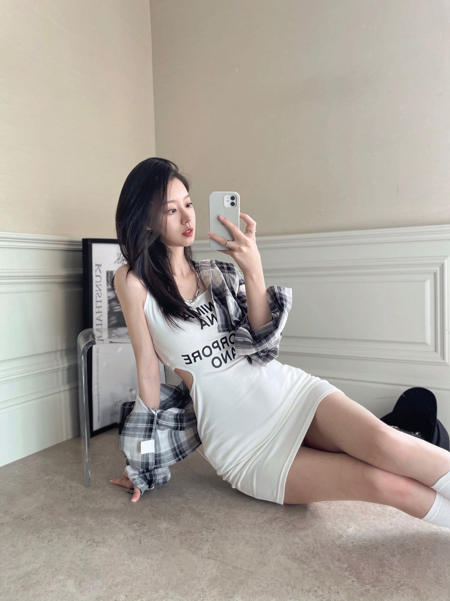 Plaid Shirt Hollow Bodycon Set