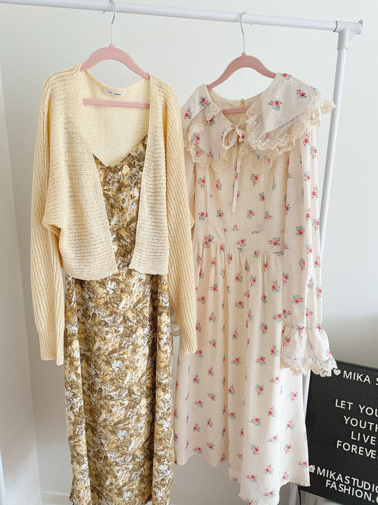 Abstract Floral Dress Cardigan Set